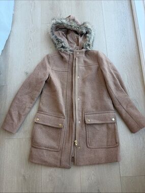 J. Crew Factory Taupe Hooded Wool-Blend Coat with Faux-Fur Trim